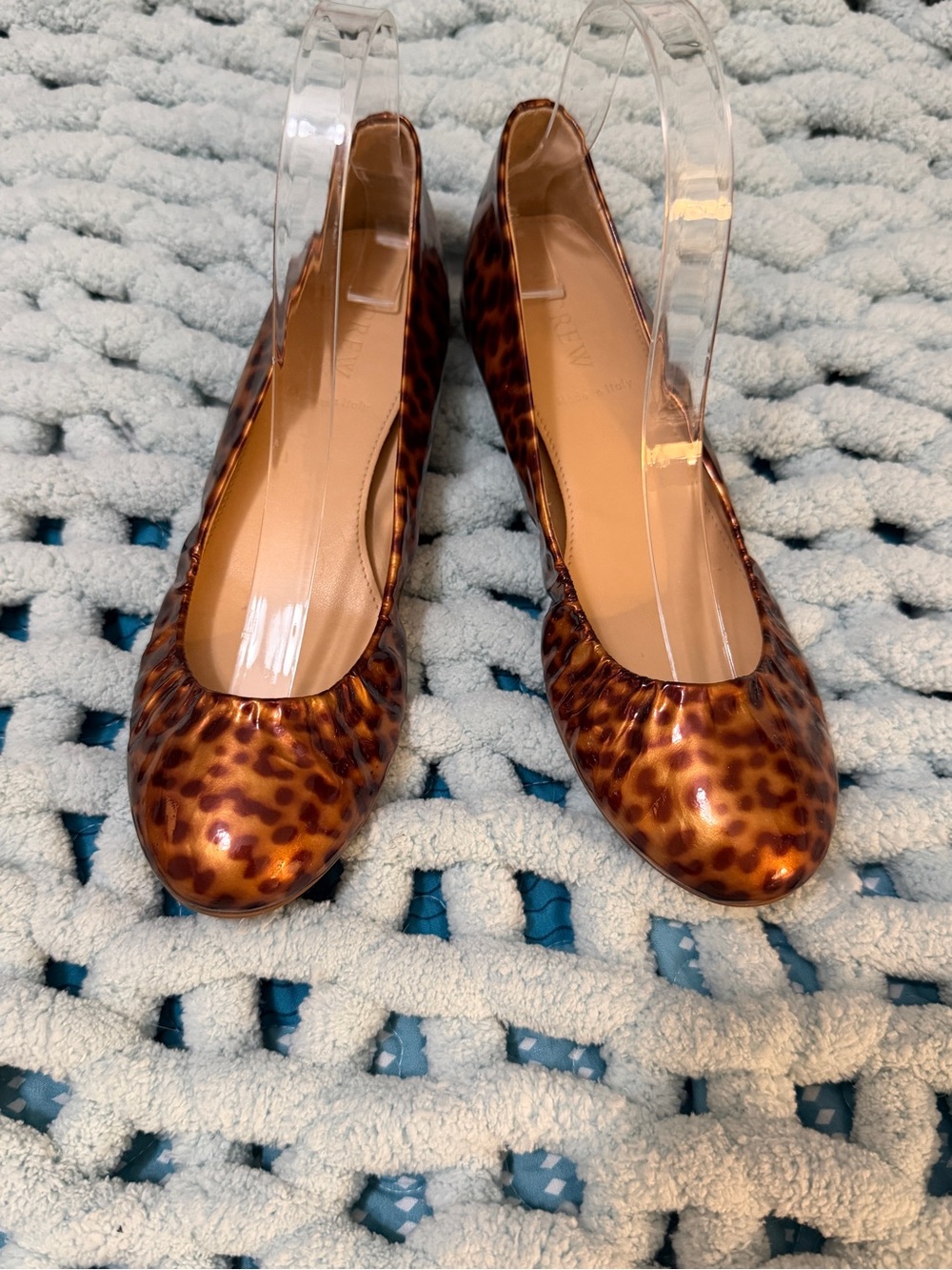 J. Crew Leopard Print Patent Ballet Flats Pleating on Sides & Toes Sz 7